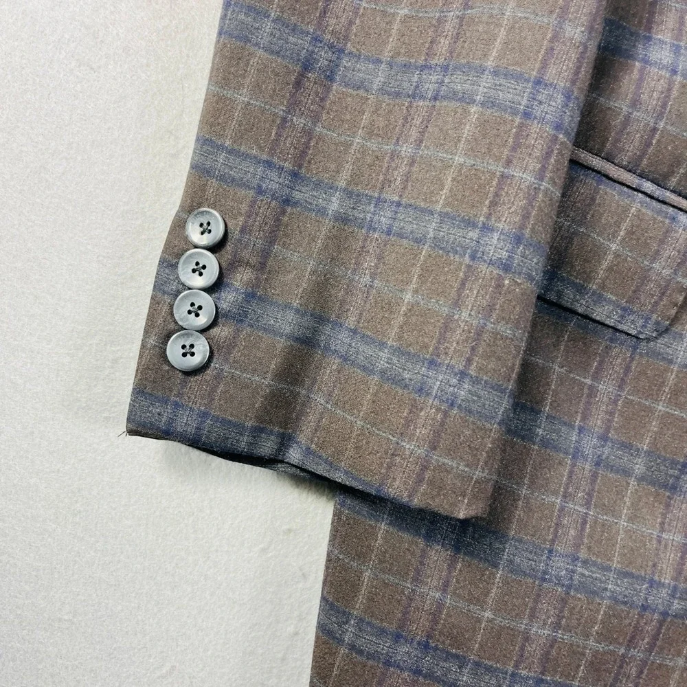 J. Hilburn Guabello Wool‎ Blazer Mens 45R Brown Blue Plaid Sport Coat Portugal